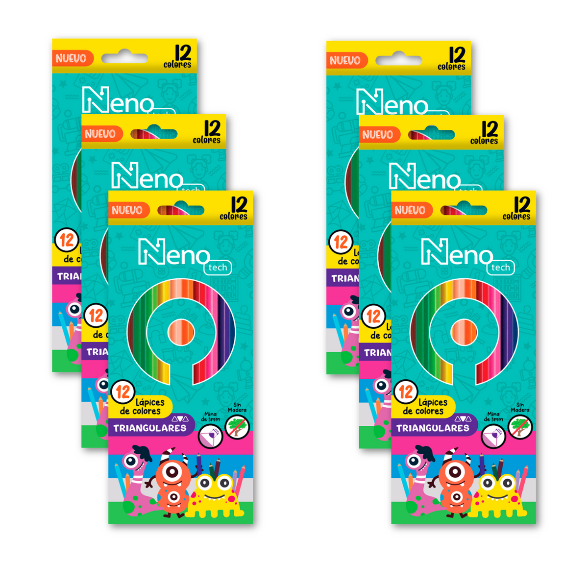 6 Pack Lápices De Colores Nenotech  Madera Triangular