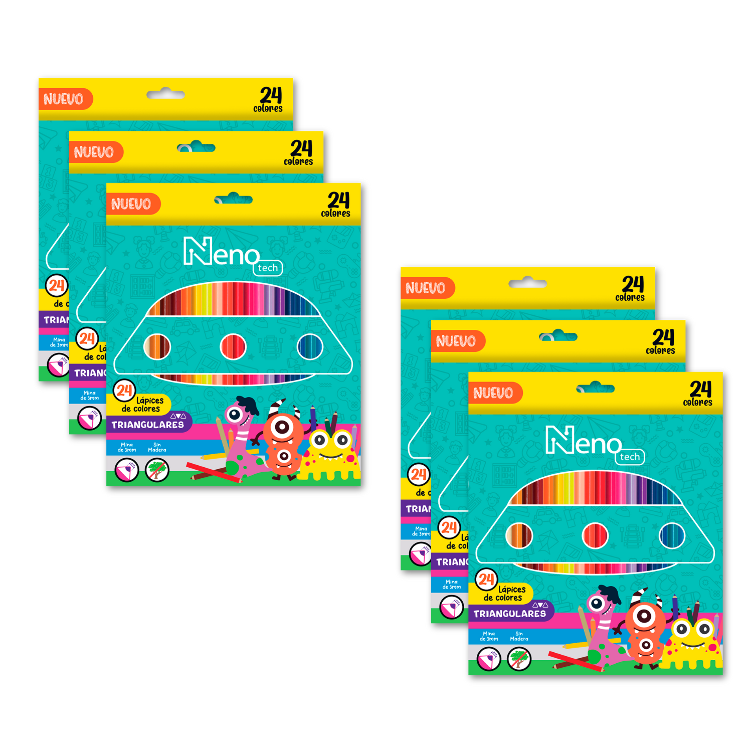 6 Pack Lápices De Colores Nenotech  Madera Triangular