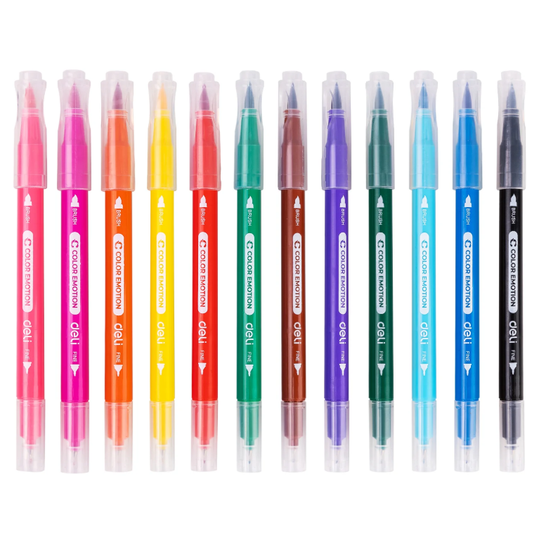 Plumones Lettering Deli Doble Punta x12 – Punta Fina y Pincel