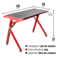 Escritorio de Juegos Moderno - Escritorio de Computadora de Acero Inoxidable de Alta Gama con Agujeros Doble Rosca| Luces LED, Arco Ergonómico y Patas en Forma de K, Ideal para Hogar, Oficina y Estudiantes