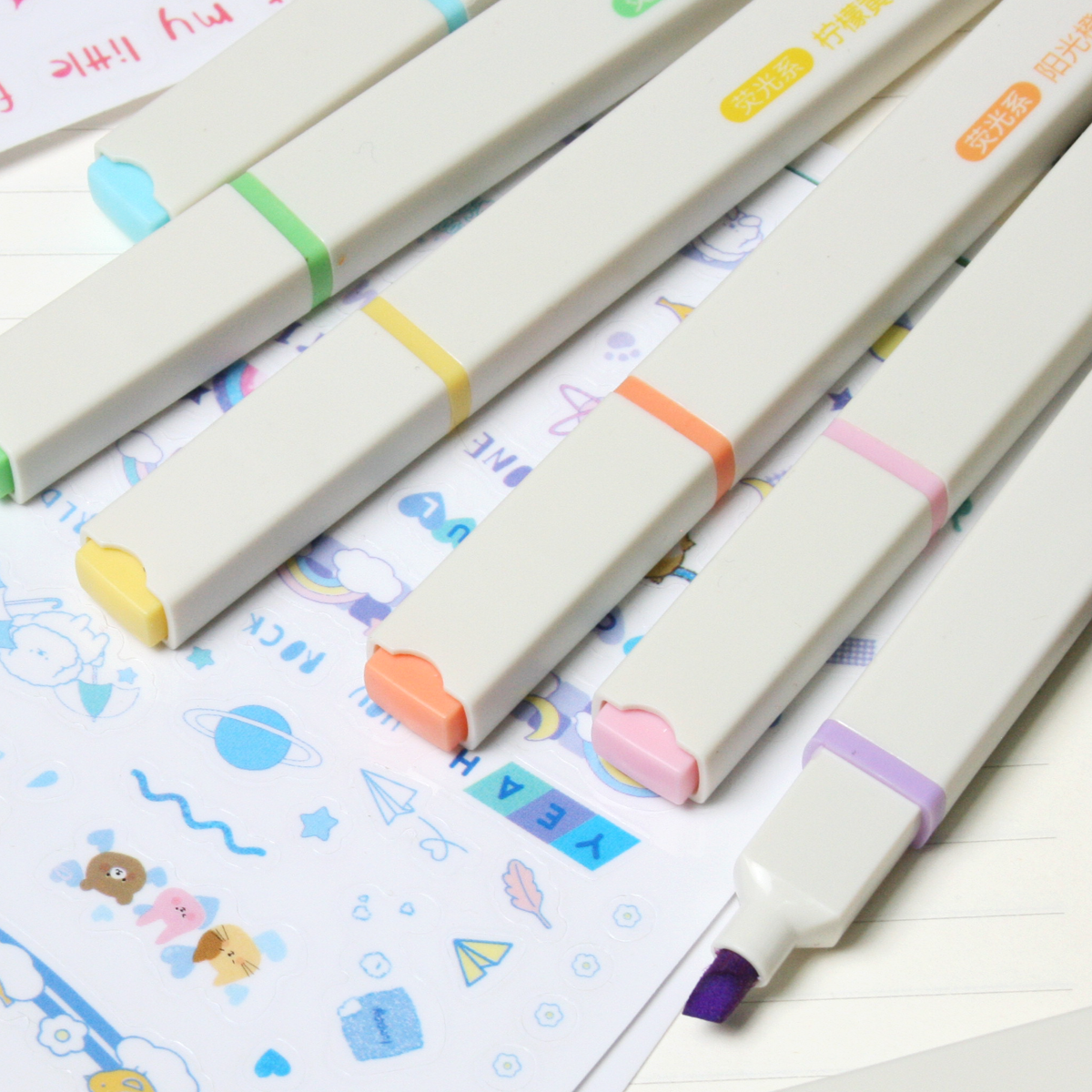 Resaltadores Neón Deli 6 Piezas – Marcatextos con Stickers